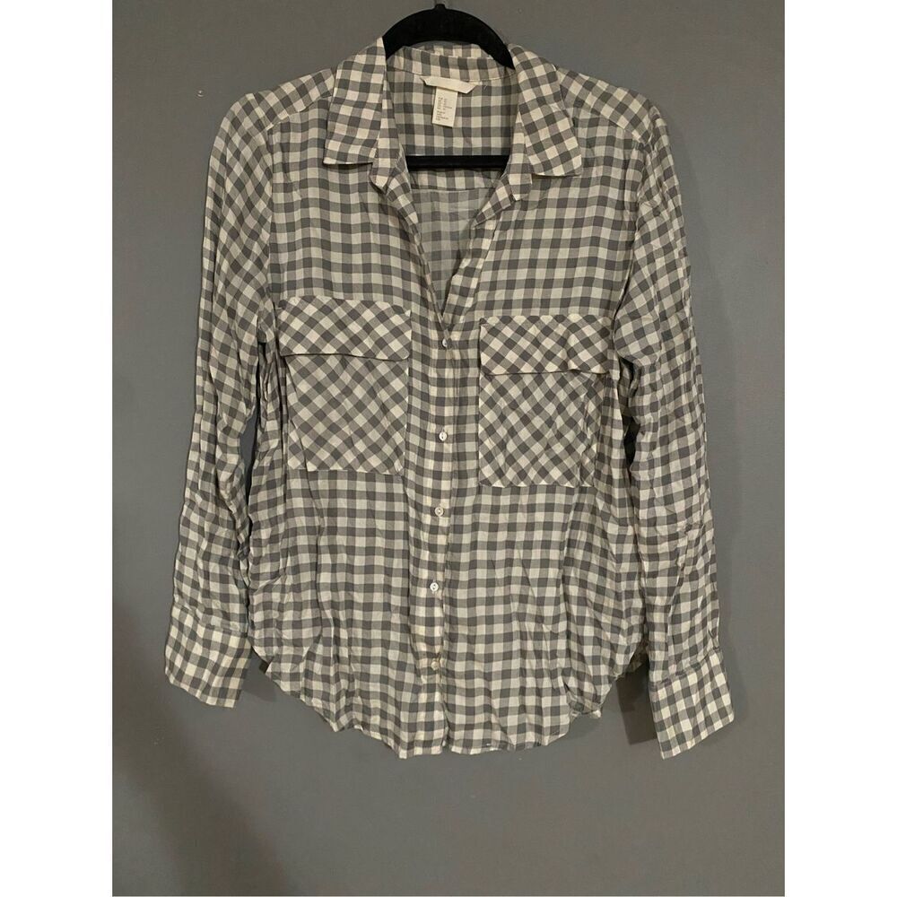 H&M Ivory Grey Modal Plaid Checked Long Sleeve Button Front Blouse Size 10